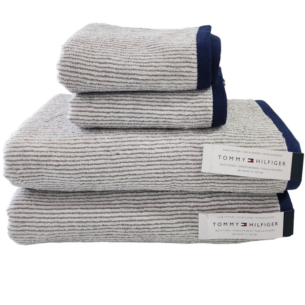 Tommy Hilfiger 4pc Striped Soft Cotton Towel Set‎ White Navy Gray 2 Bath 2 Hand